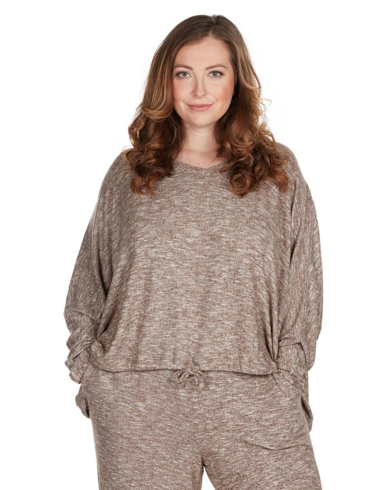 Front of a model wearing a size 1X Women's Supersoft Hacci Lounge Pull Over Loose Fit Top in Pebble Brown by Memoi. | dia_product_style_image_id:299646